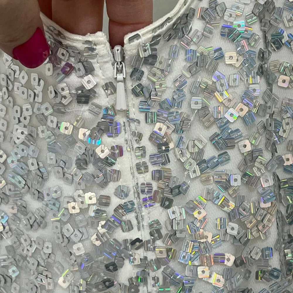 Sho By Tadashi Shoji Sequin Long Sleeve Silver Mini Sheath Dress M Shimmer Glam - Image 4