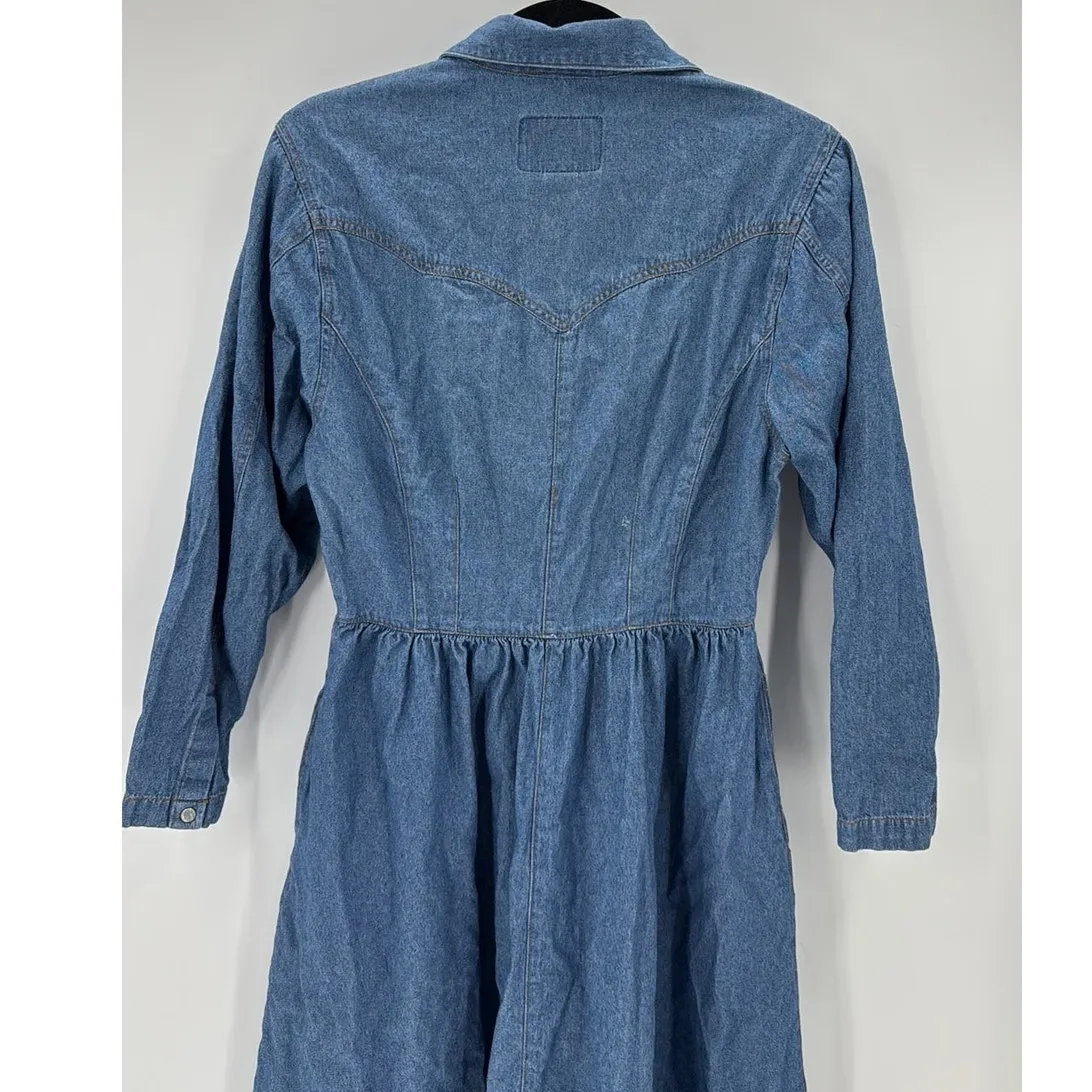 Vintage 90s GITANO Western pearl snap denim midi dress pockets size M NFR Blue Size M - Image 4
