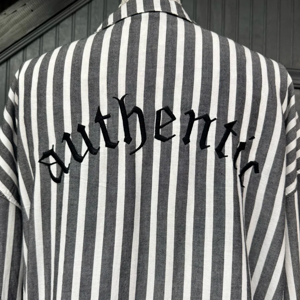 H&M Divided Striped Button-Up Shirt Skull Rose Embroidered Oversized 6, Fall Top - Image 8