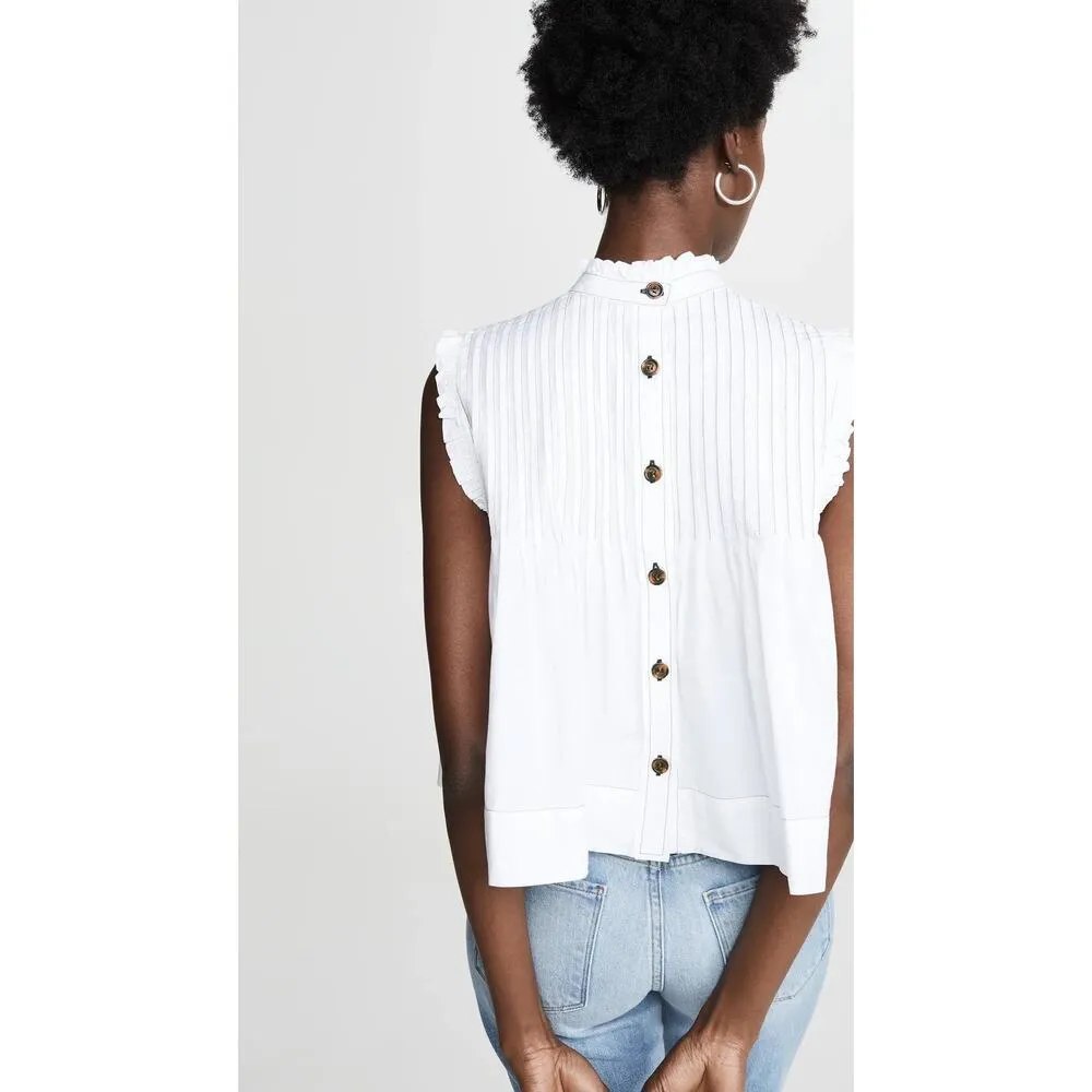 Ganni White Pintucked Ruffle Mock Neck Back Button Up Babydoll Blouse Top Size 8 - Image 7