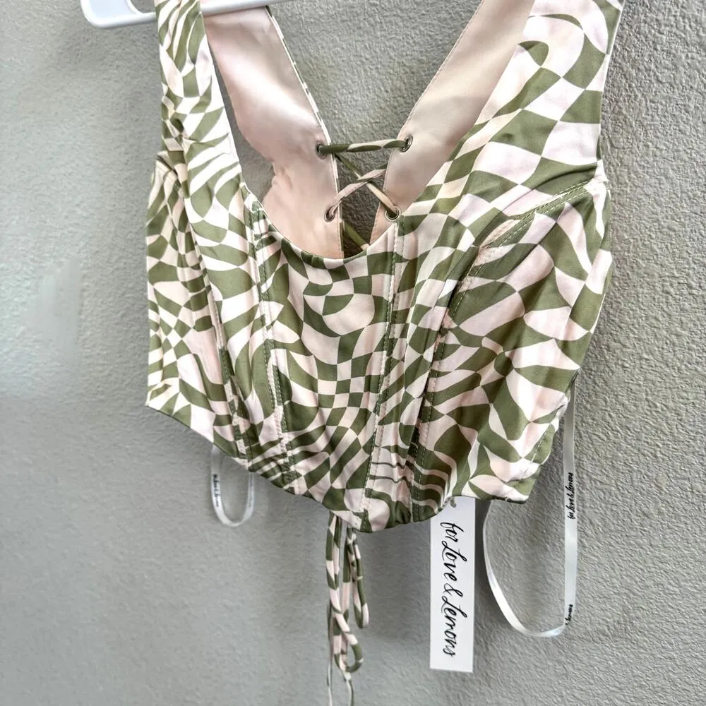 NEW For Love & Lemons Nomi Crop Top Womens Size Small Wavy Checkerboard Print Green - Image 6