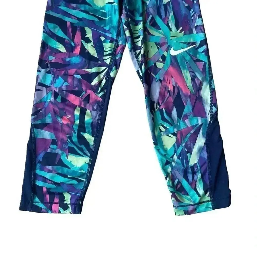 Nike Dri Fit Pro Tropical Leaf Floral Blue Leggings Size XS #1798 - Image 3