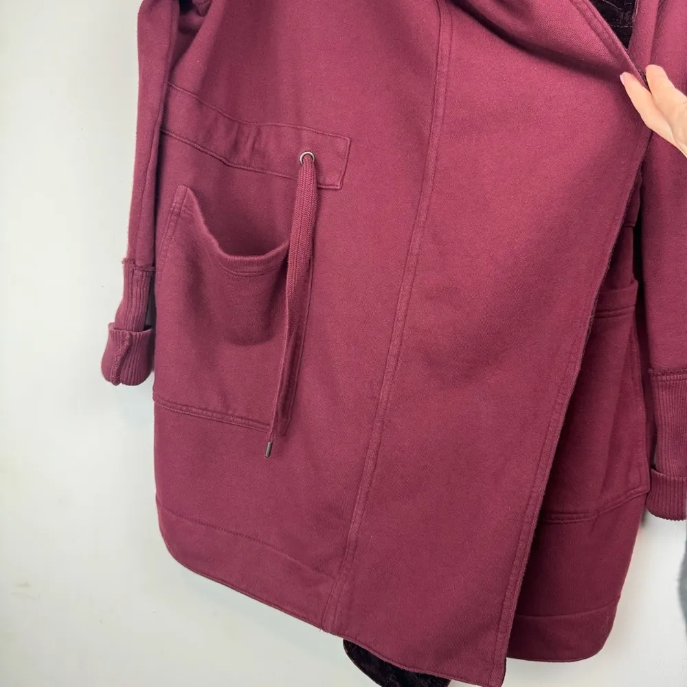 Free People Westwood Cardigan Maroon Velvet Trim Sz XS Oversized Hooded - Image 9