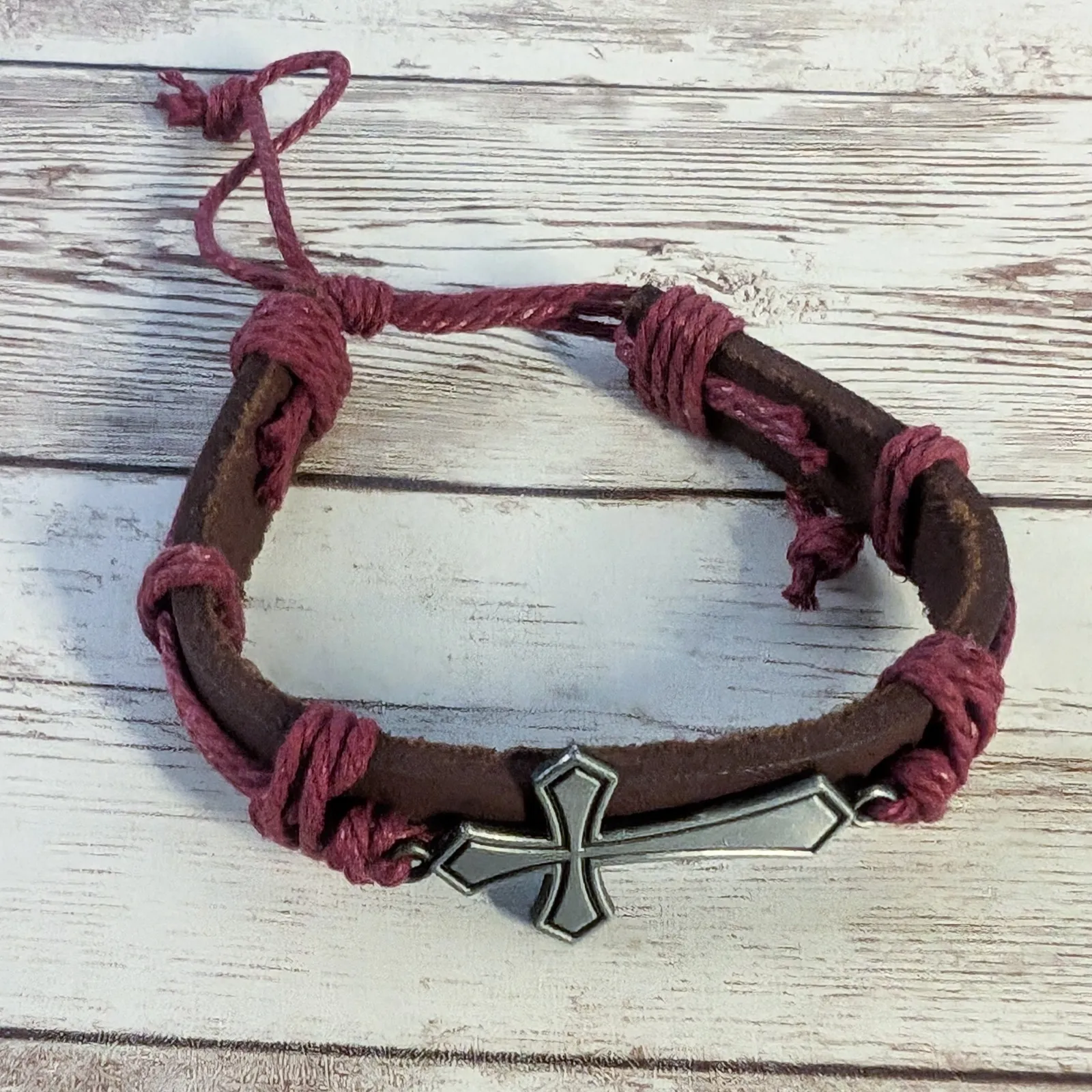 Red Tie Bracelet with Cross Charm - Image 2