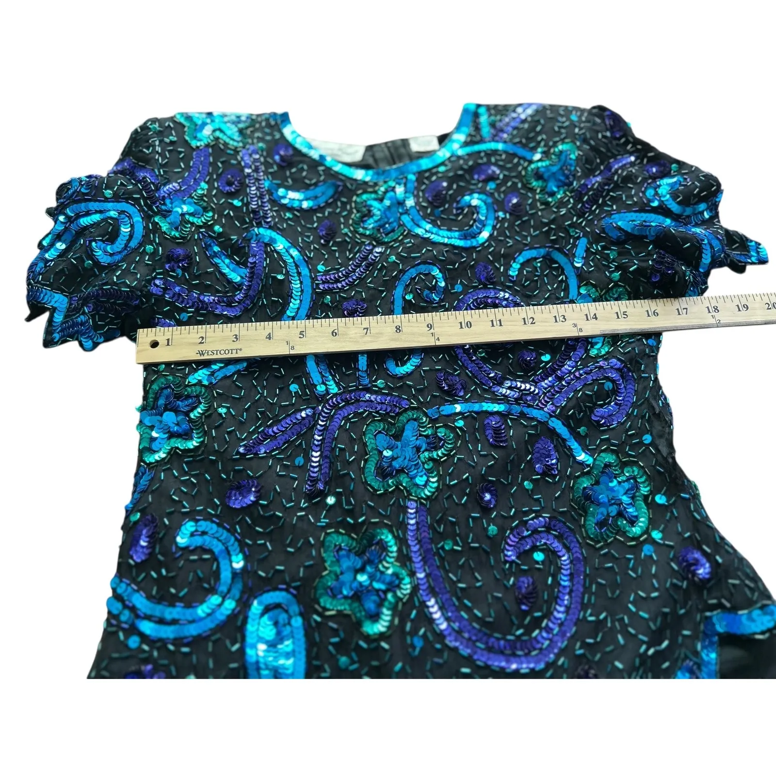 Vintage Lawrence Kazar Beaded silk Sequin Top Turquoise Purple Embellished Party Black Size L - Image 8