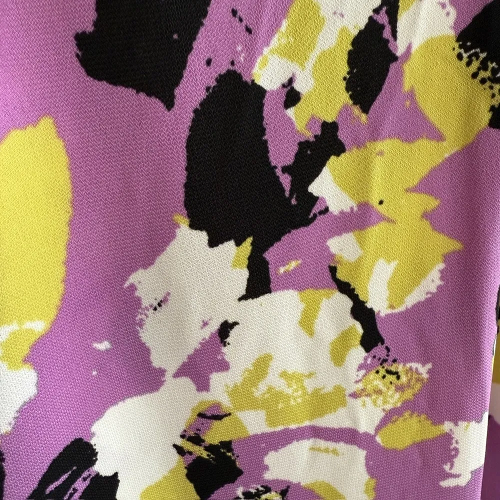 Abstract Purple Yellow Floral Print Tunic Top Popover Blouse Retro Artsy Modest - Image 3