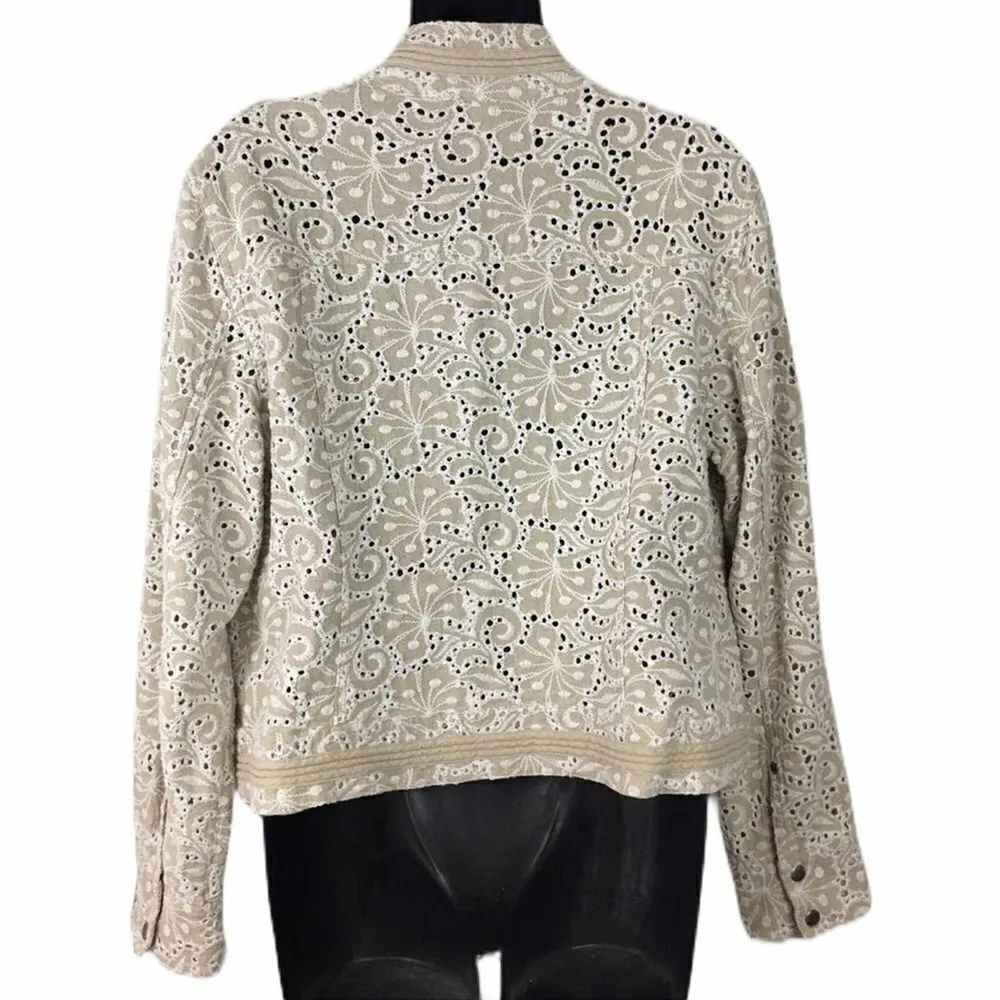 Chico’s Linen Beige Eyelet Open Jacket Size Medium 8 - Image 3