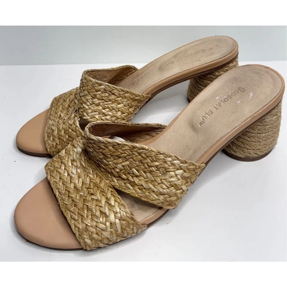 Chocolat Blue Sandals Size 8 Raffia Slide Sandals Block Heel Leather Lining - Image 5