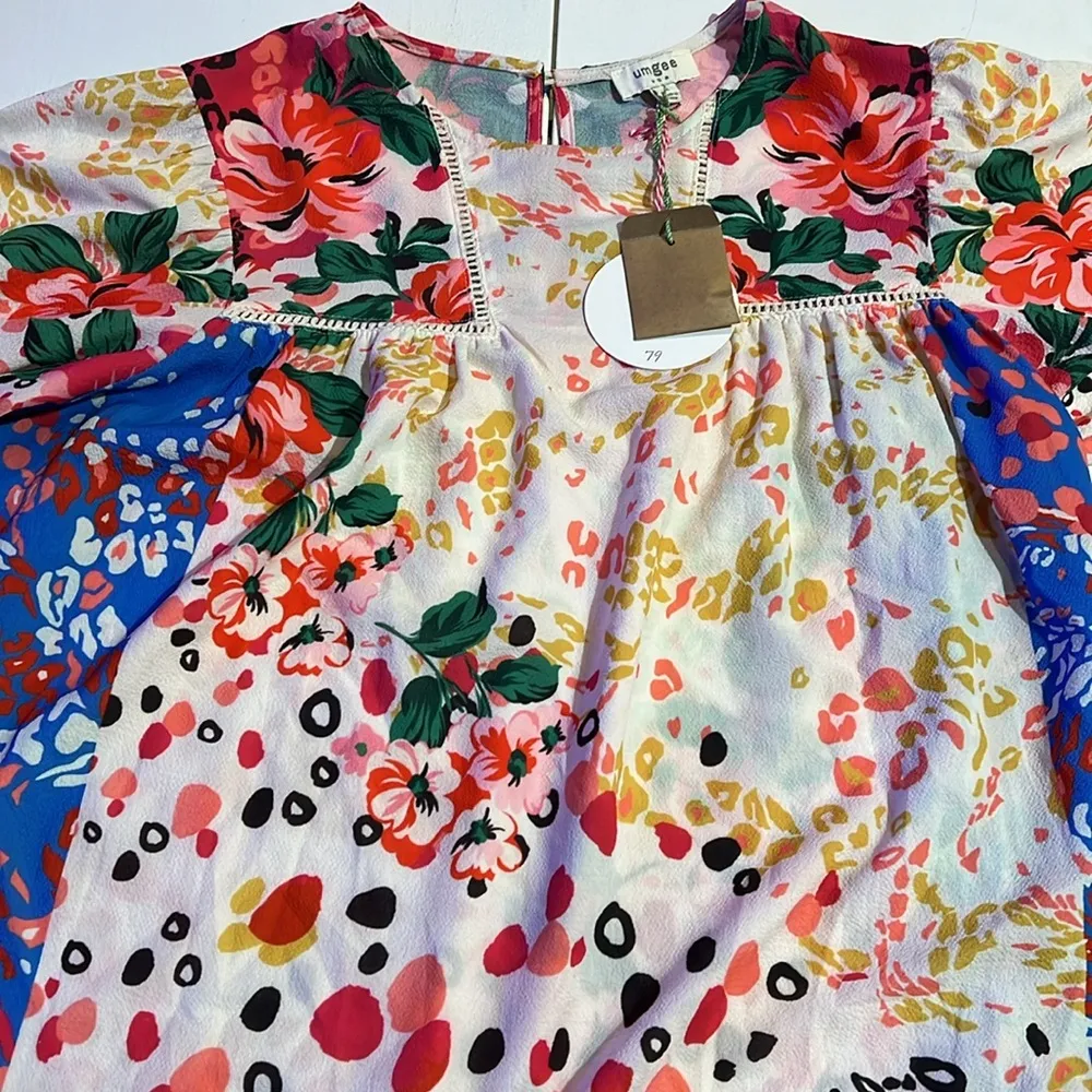 Umgee Tunic Dress Womens M Creme Blue 3/4 Sleeve Ruffle Floral Bohemian New - Image 6