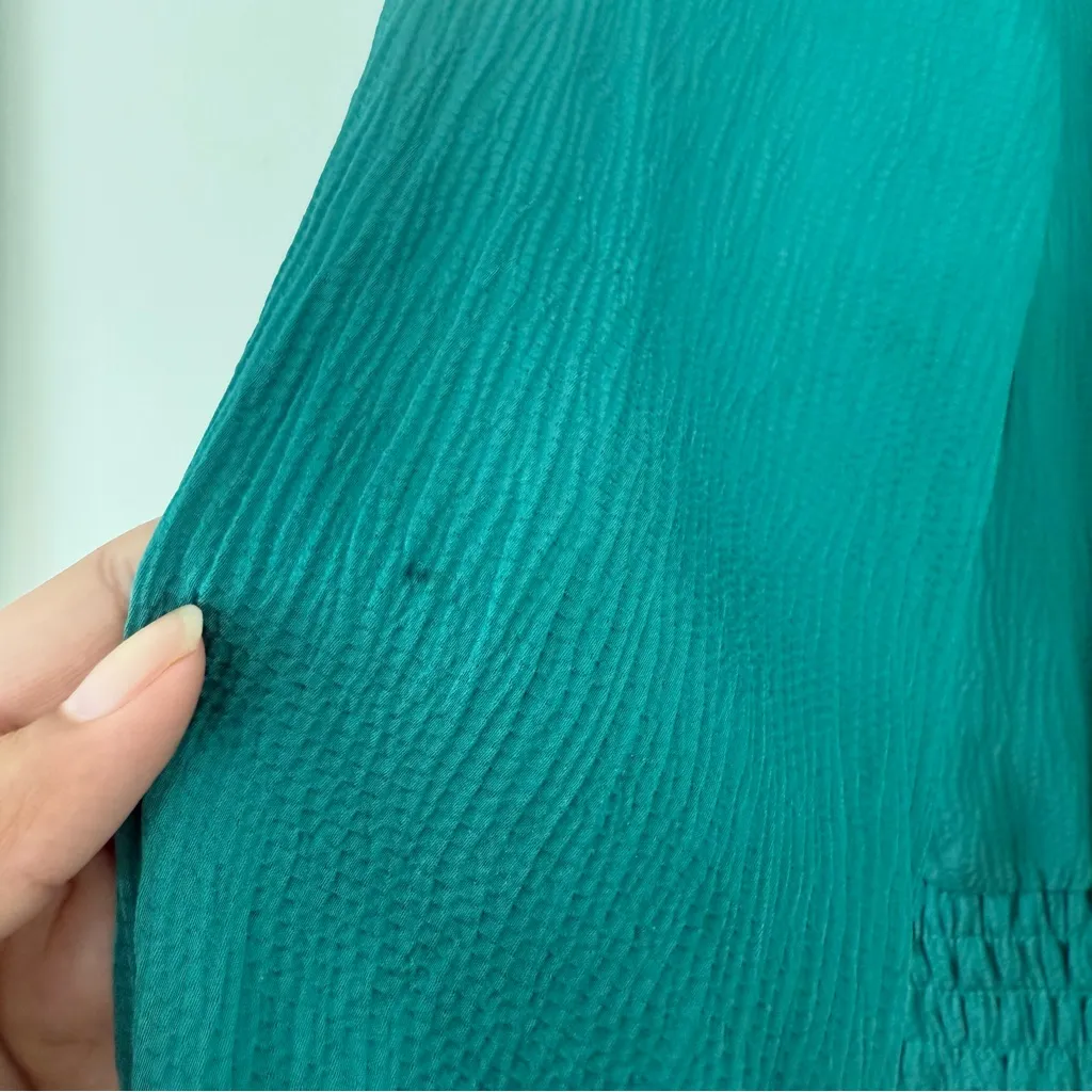 Monteau Green Faux Wrap Blouse Size S V-Neck Smocked Hem - Image 8