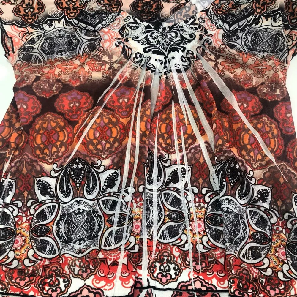 One World 2x y2k  sheer boho paisley print rhinestone festival flowy top blouse - Image 8