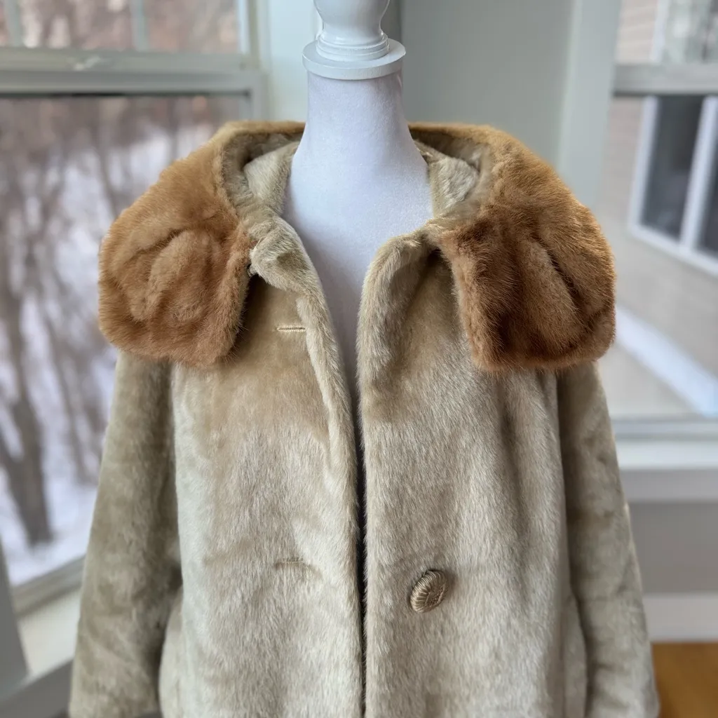 Vintage Brazotta Blond Light Ivory Mink Fur Portrait Collar Faux Fur Dress Coat Tan Size M - Image 6