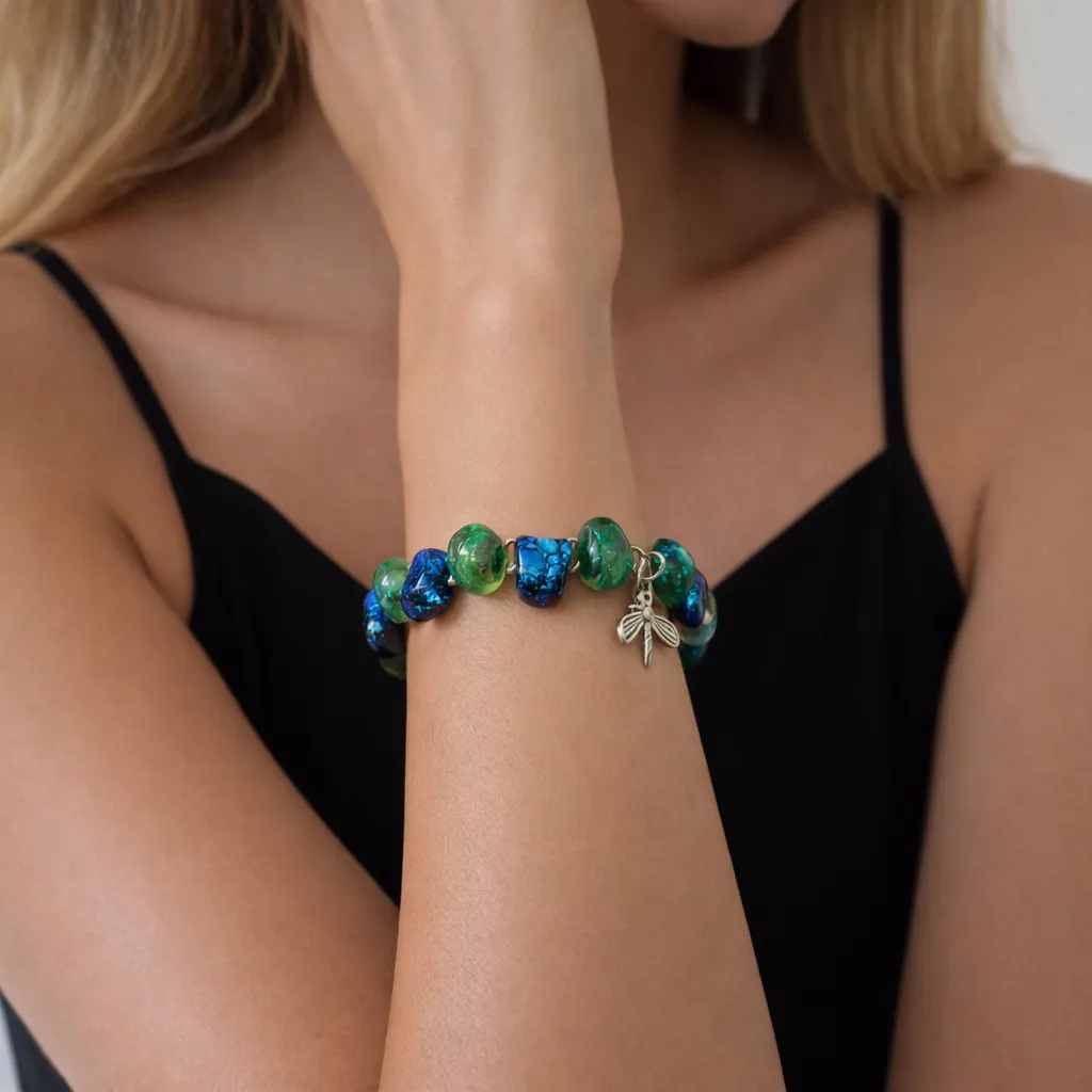 Dichroic glass cabochon link bracelets with safety fastener , Blue Green 7.5” - Image 2