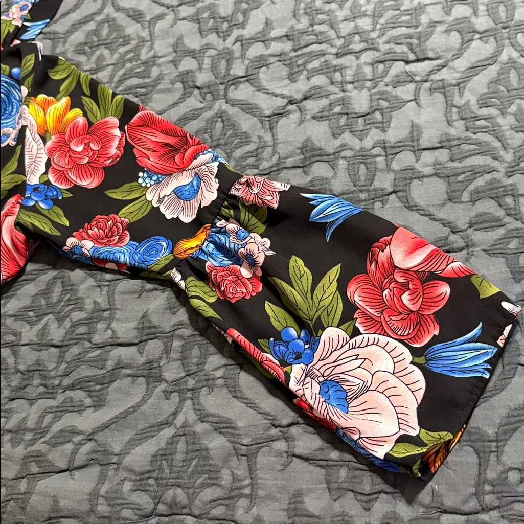 Cherish womens large floral long sleeve babydoll blouse tunic v neck & back ties - Image 11