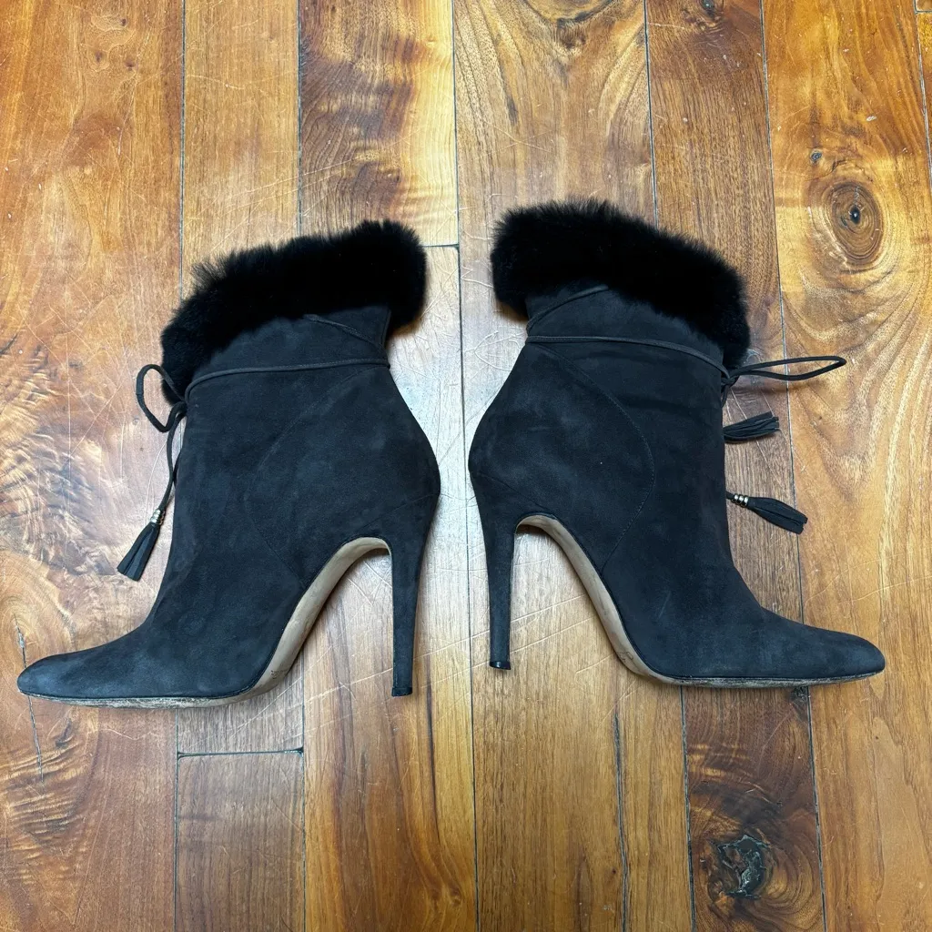 Oscar De La Renta Suede and Real Fur Heeled Ankle Booties Grey 9.5 40 - Image 7