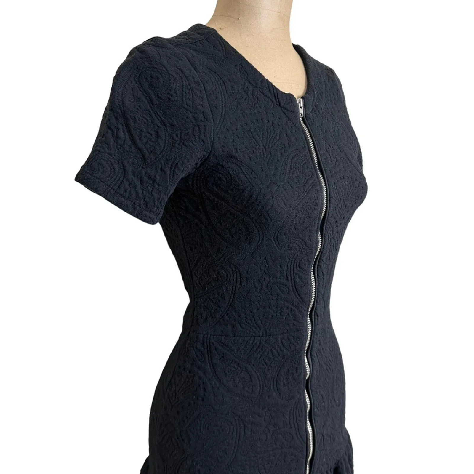 The Kooples size XS Mini Dress Black Zip Cotton Front Ruffle Hem Short Sleeve - Image 6