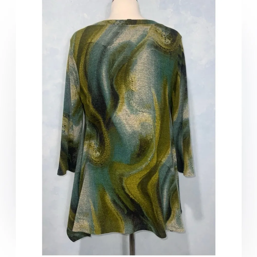 Casting Olive Groovy Swirl Round Neck 3/4 Sleeve Stretchy Tunic Blouse M Green Size M - Image 5
