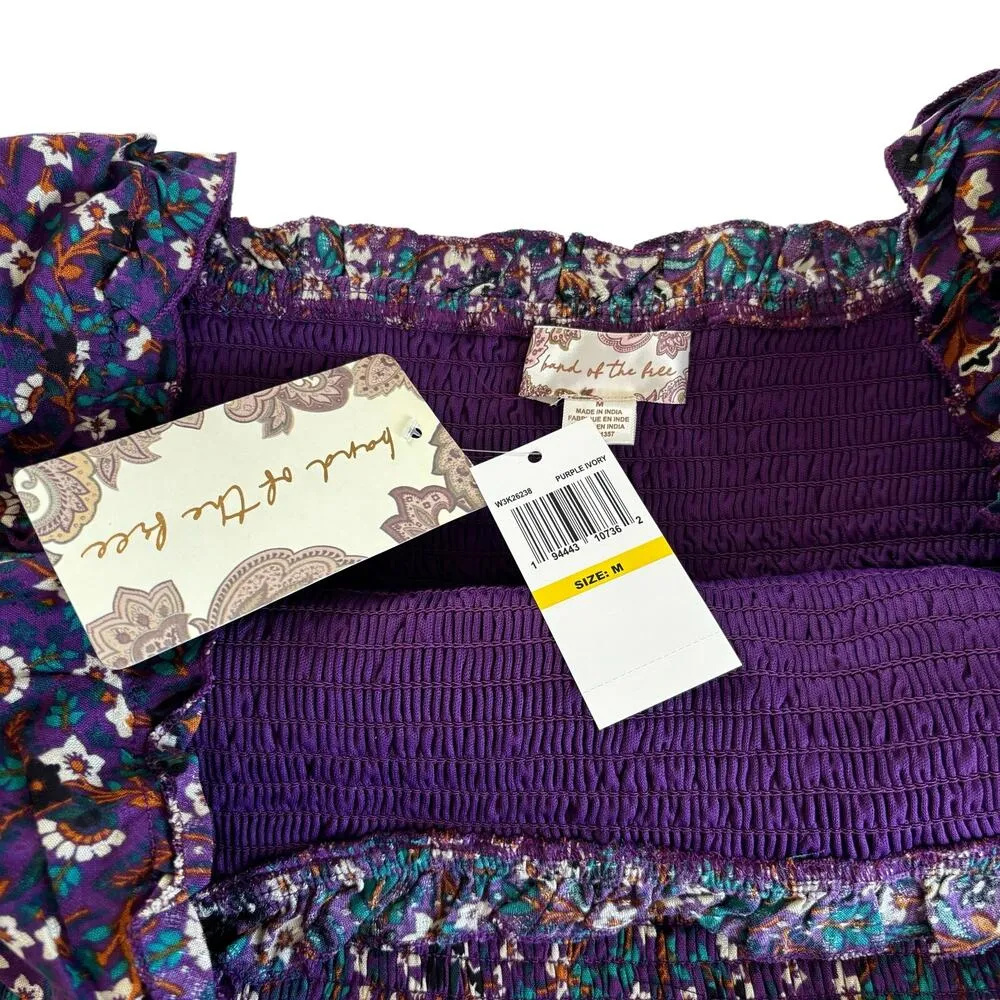 Band of the Free Agathe Purple Boho Floral Print Smocked Long Sleeve Top Medium - Image 6