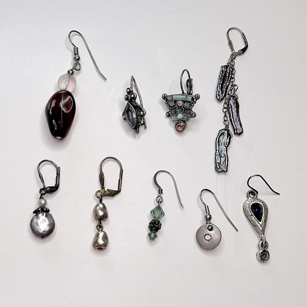 9 pair lot of dangling silvertone earrings some with purple blue green stones - Image 3