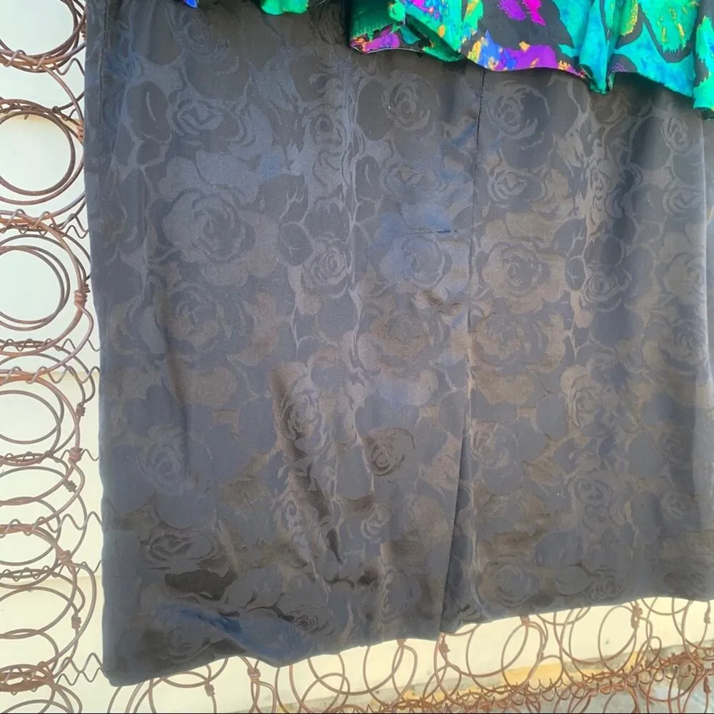 Vintage 90s Adrianna Papell 100% silk dress neon green floral Size 8 - Image 6