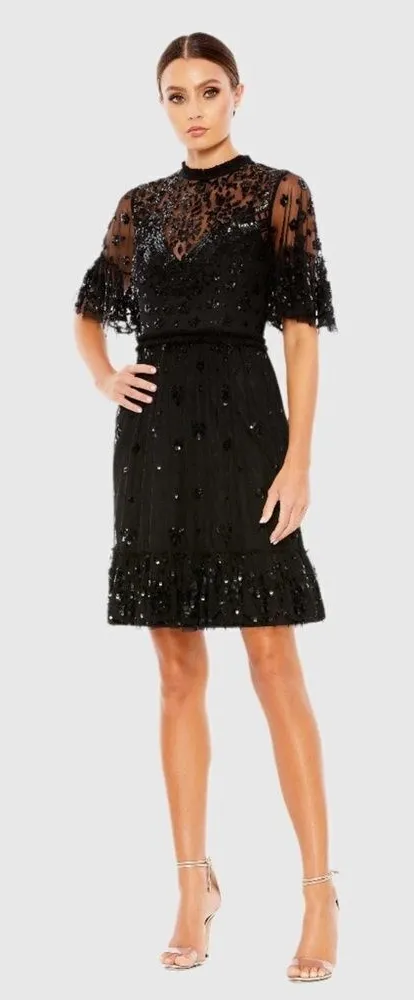 MAC DUGGAL 9143 Womens Black Embellished Illusion High Neck Mini Dress - Image 1