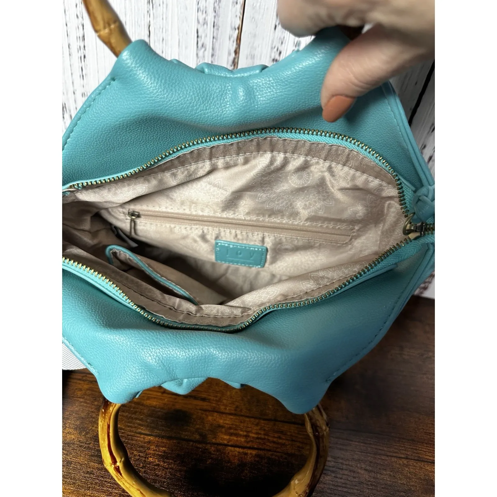JOY SUSAN Stacey Bamboo Hand Tote Bag Vegan Leather Turquoise New Crossbody - Image 6