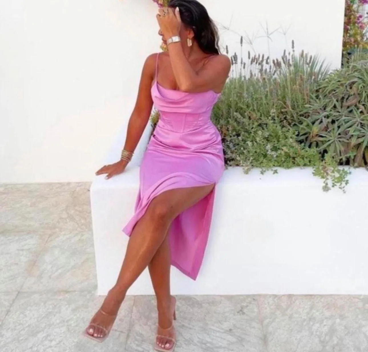 Zara Pink Straight Neck Satin Effect Midi Dress - Image 2