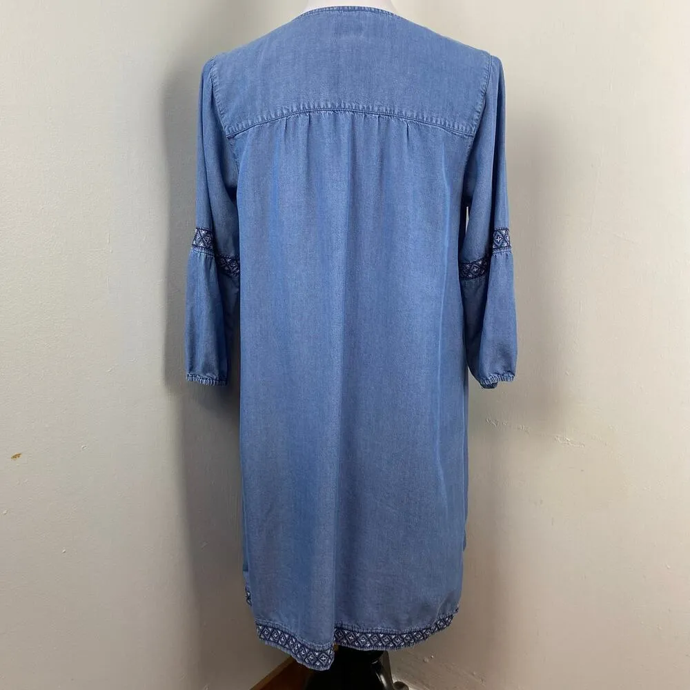 J Jill Denim Embroidered Chambray Boho Dress Tassel Tencel Small - Image 7