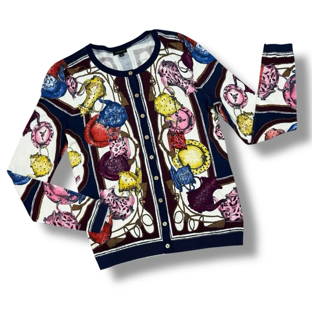 Talbots Tea Party Print Button Up Cardigan Sweater Blue Multi XS - Image 13