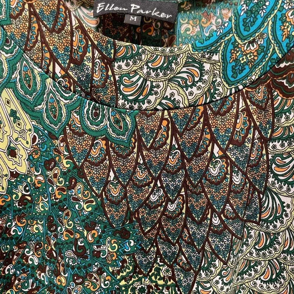 Ellen Parker Peacock & Paisley Pull On Scoop Neck Maxi Dress Green Brown Medium - Image 3