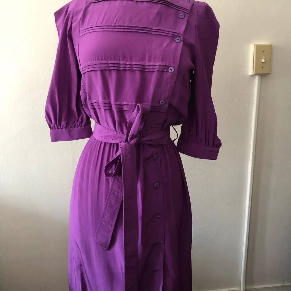 Vintage 80s purple puffed shoulders blousbelted silk 3/4 sleeve midi shift dress - Image 7