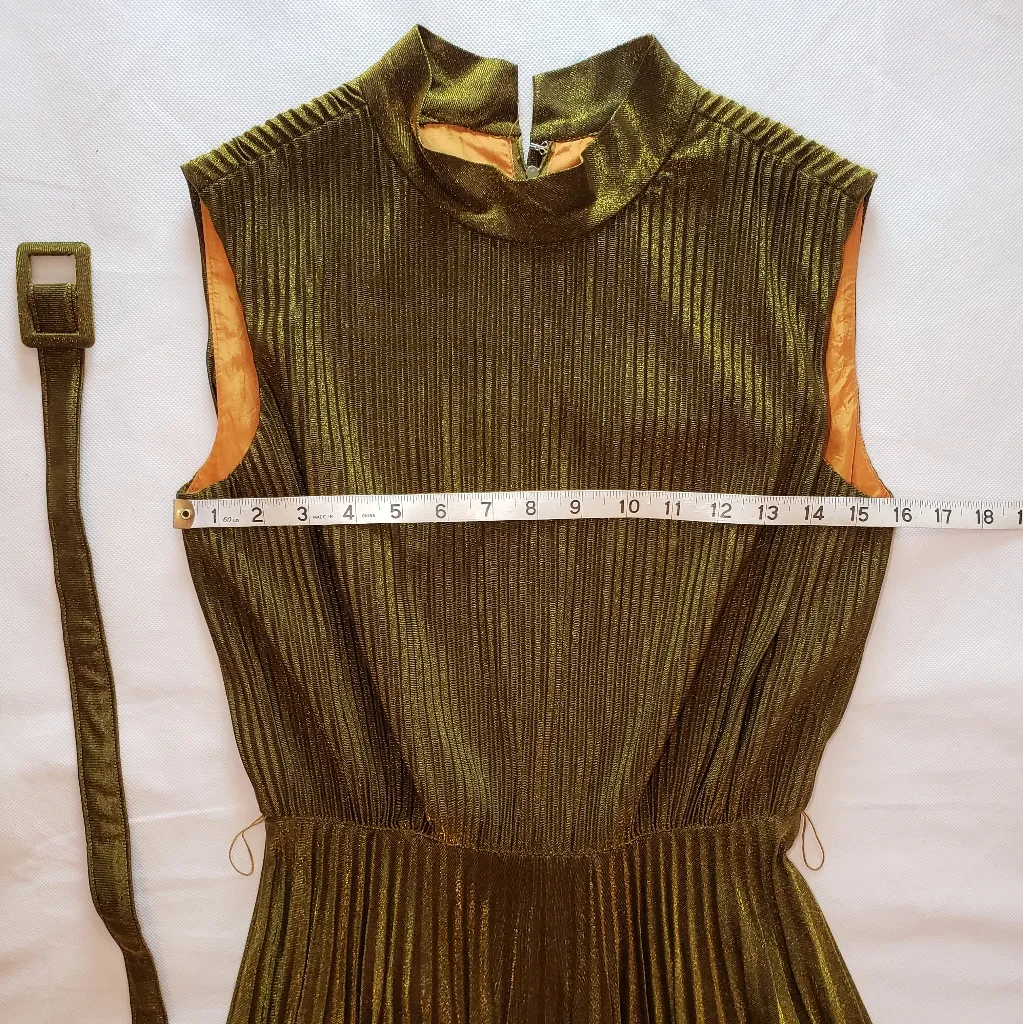Vintage Betty Hartford glitter metallic dress with pleated skirt & belt Gold - Image 5