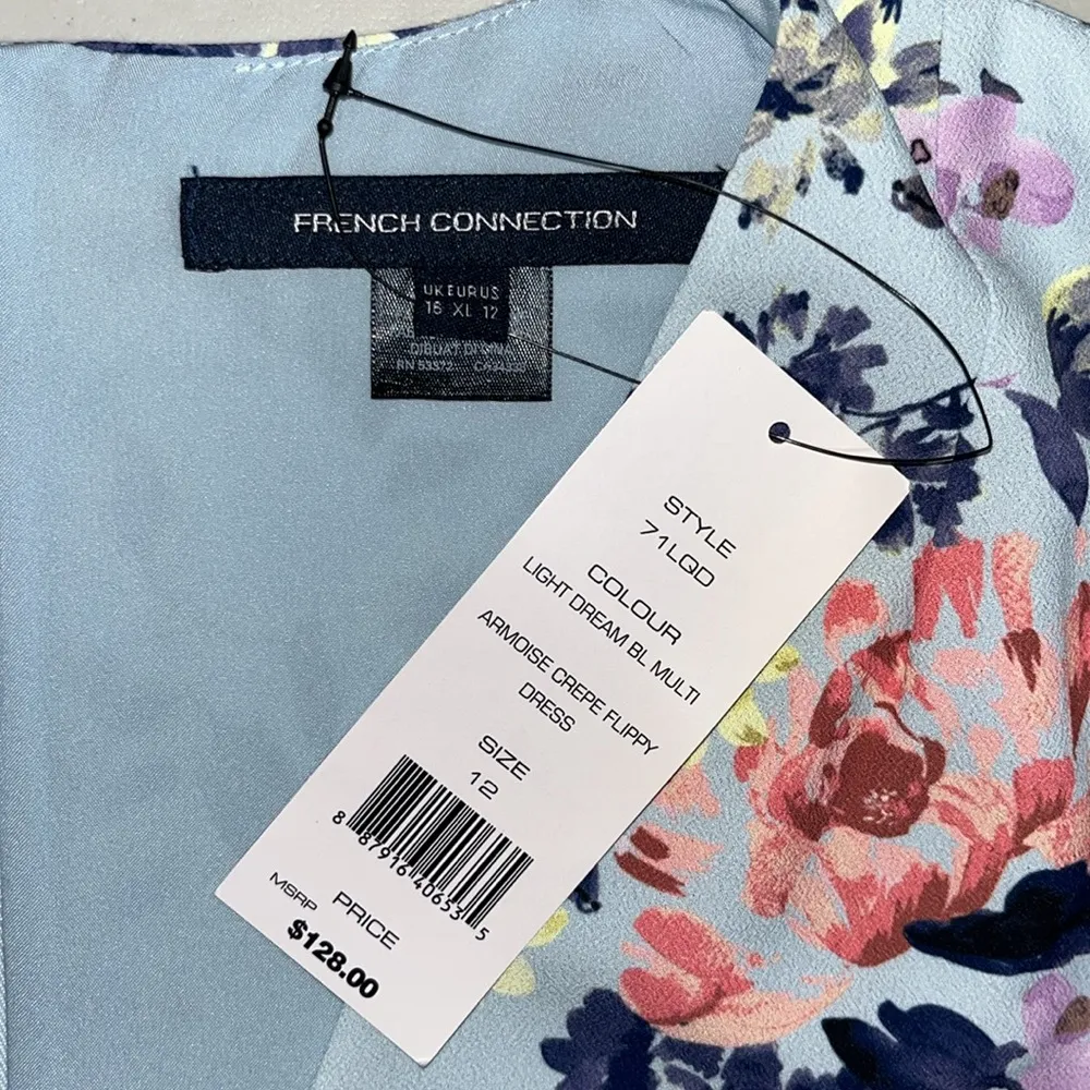 French Connection NWT 12 Blue - Floral Print V-Neck Armoise Crepe Flippy Dress - Image 4