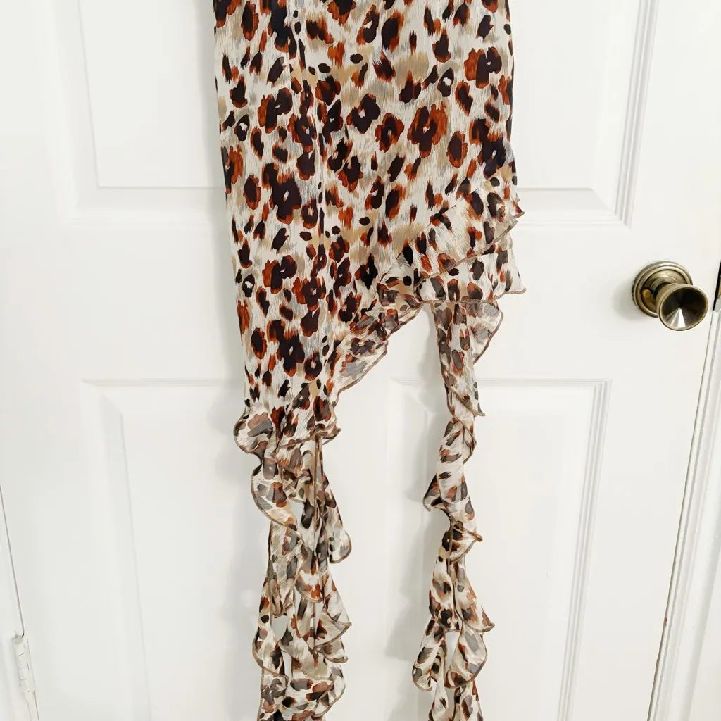 Waew Y2K Neutral Brown Ruffle Leopard Print Spaghetti Strap Asymmetrical Dress Size XS - Image 6