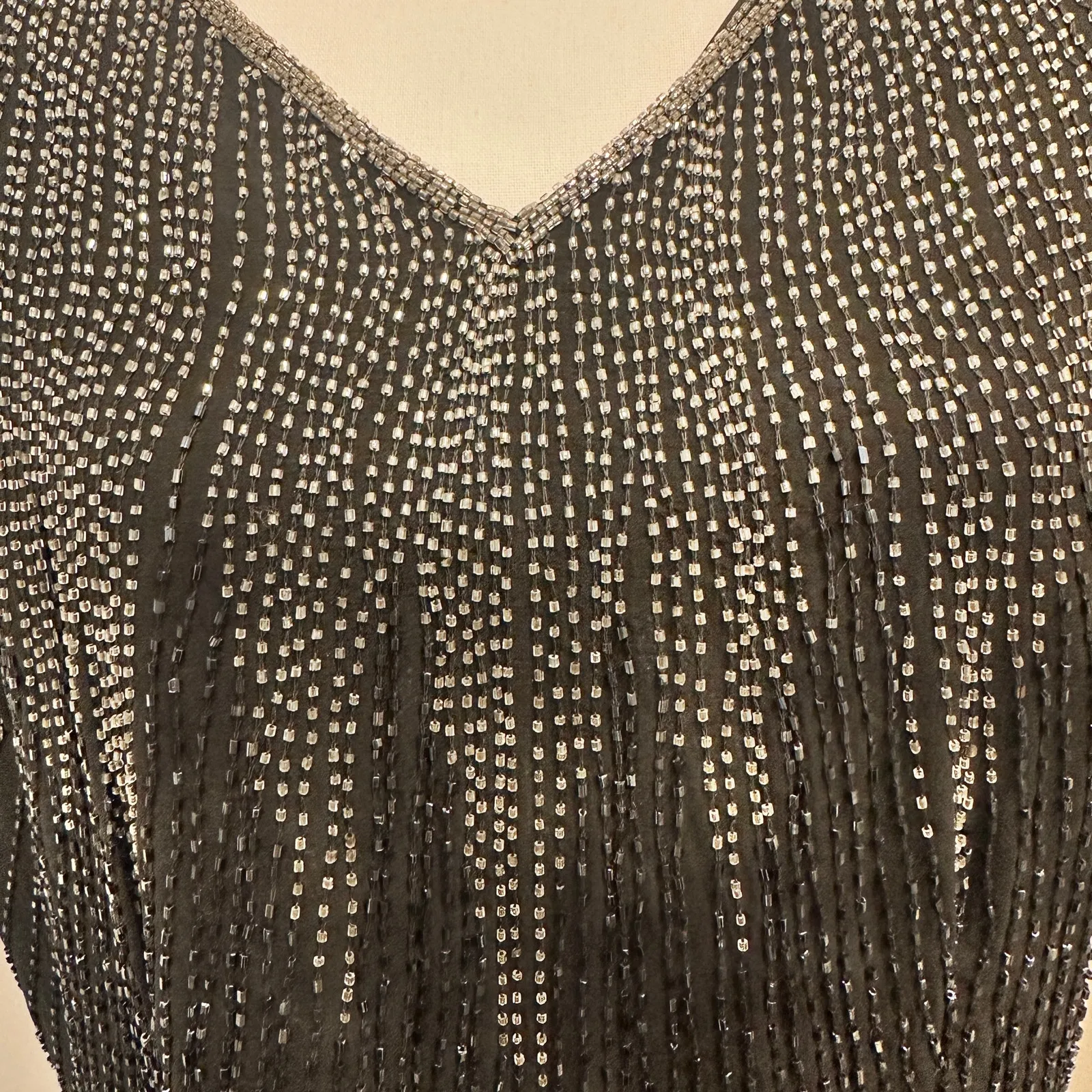 Vintage 80s Stenay Woman Black Silk Beaded Sequin Cocktail Shift Dress Art Deco Size 14 - Image 6