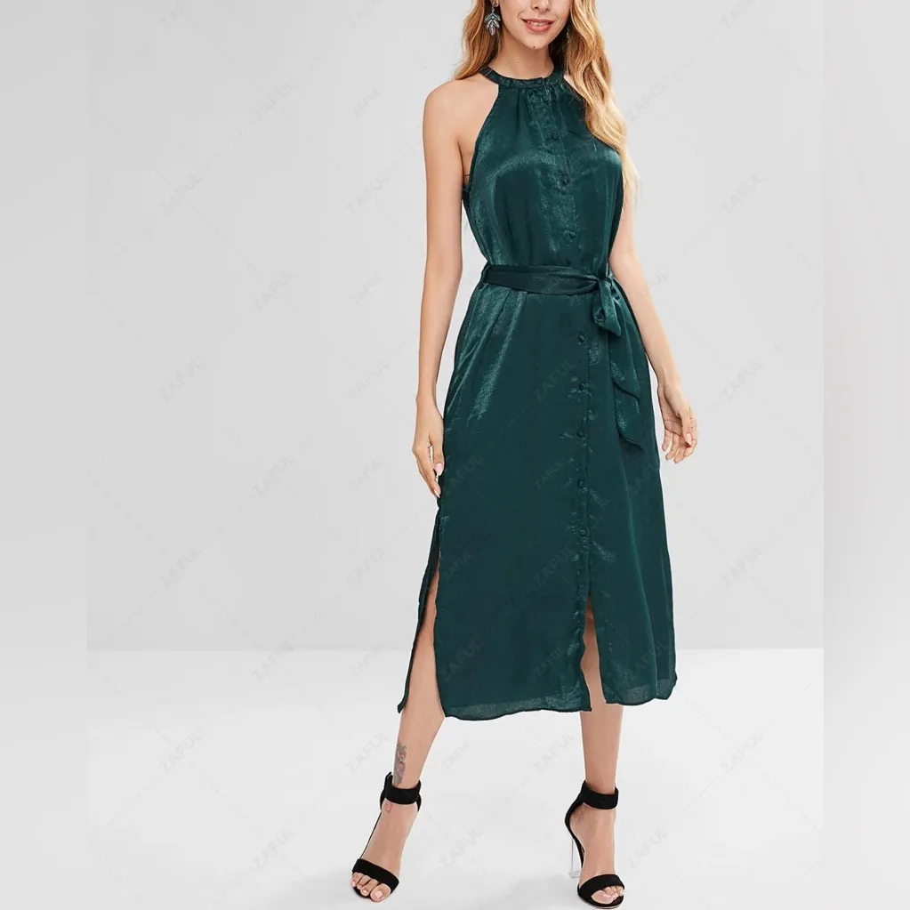 Zara hunter green shimmer satin halter neck button down midi dress size XS NWOT - Image 2