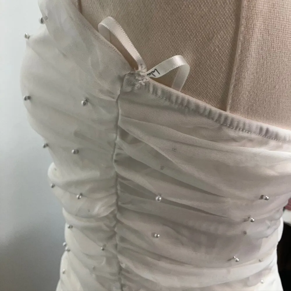 Lulus Flirty Glamour White Mesh Pearl Strapless Crop Top Juniors XL Stretchy - Image 7