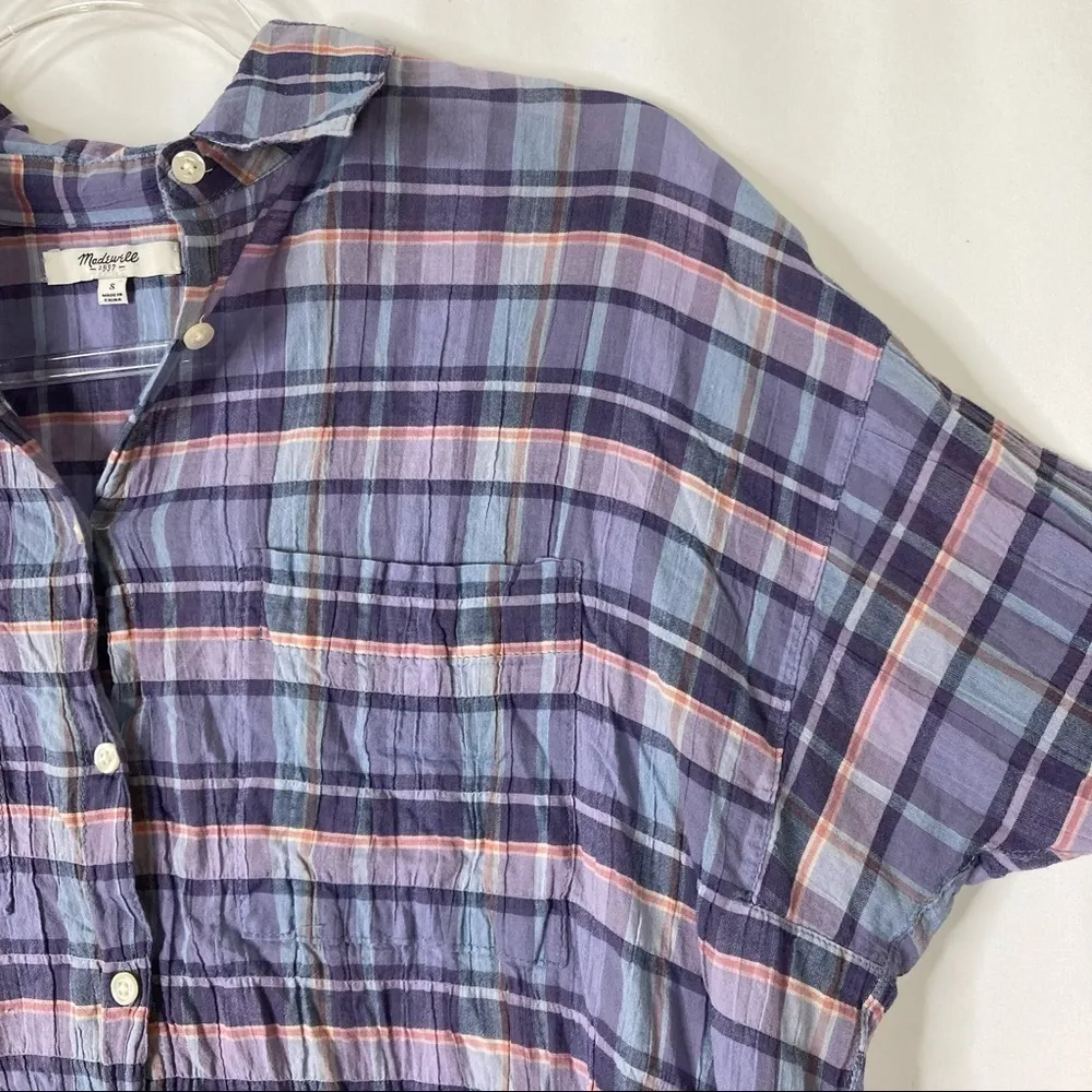 3/$30 Madewell | Purple Pink Blue Plaid Hi-Low Button Up Shirt S - Image 3