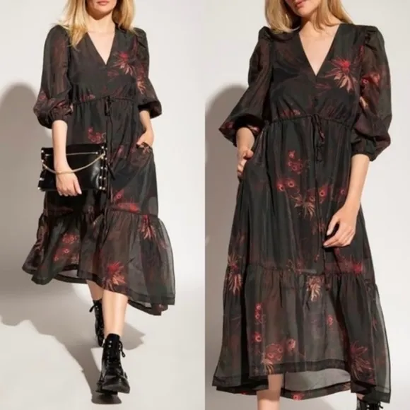 Allsaints Rosi Nila Dark Khaki Green Tiered V-neck Midi Dress Sz 0 - Image 2