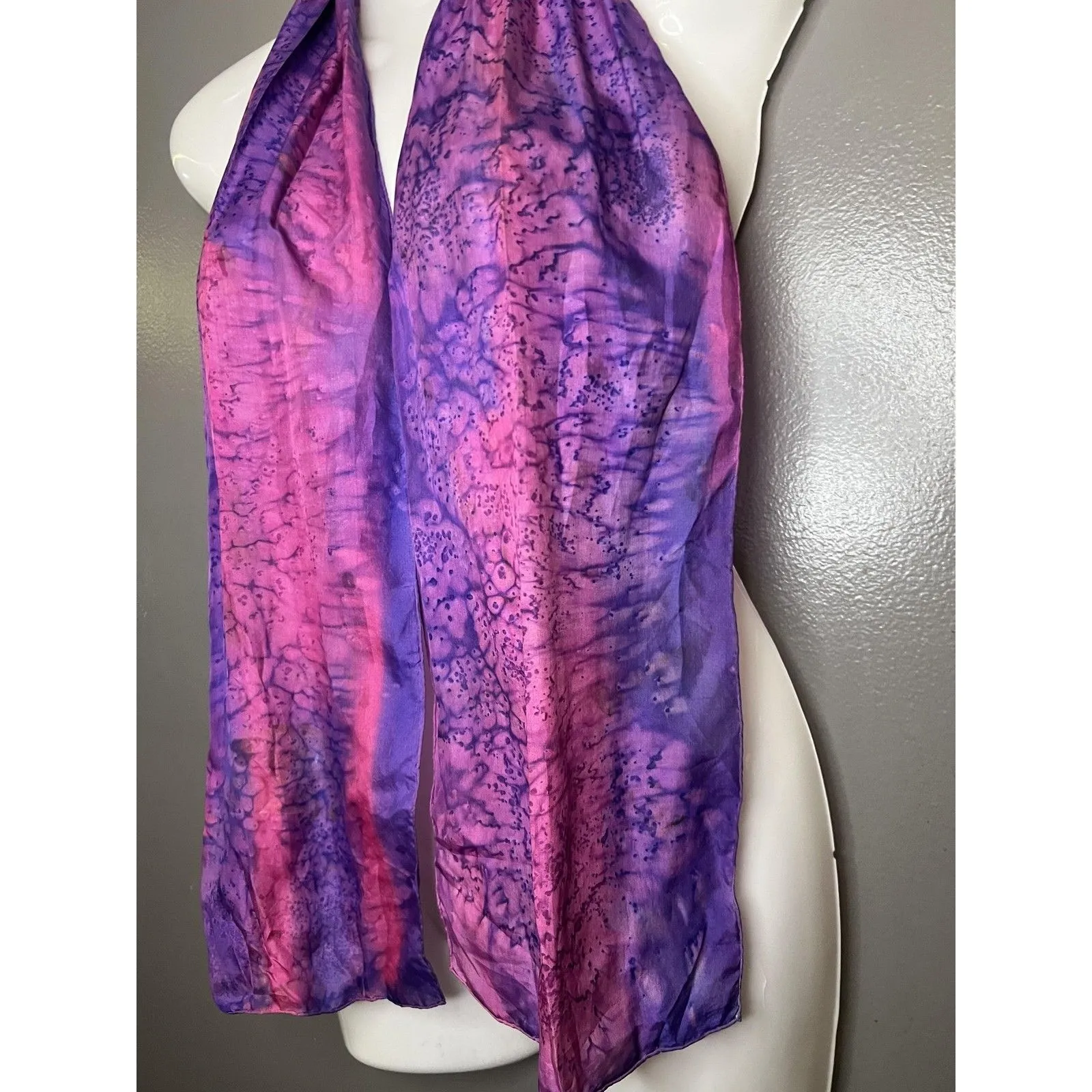Womens Scarf Purple Pink Tie Dye Batik Sheer Lightweight Oblong Wrap Shawl Boho - Image 3
