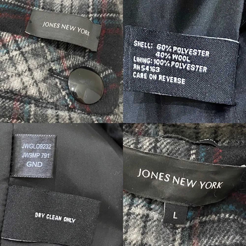 Jones New York Wool Blend Plaid Pea Coat L - Image 16