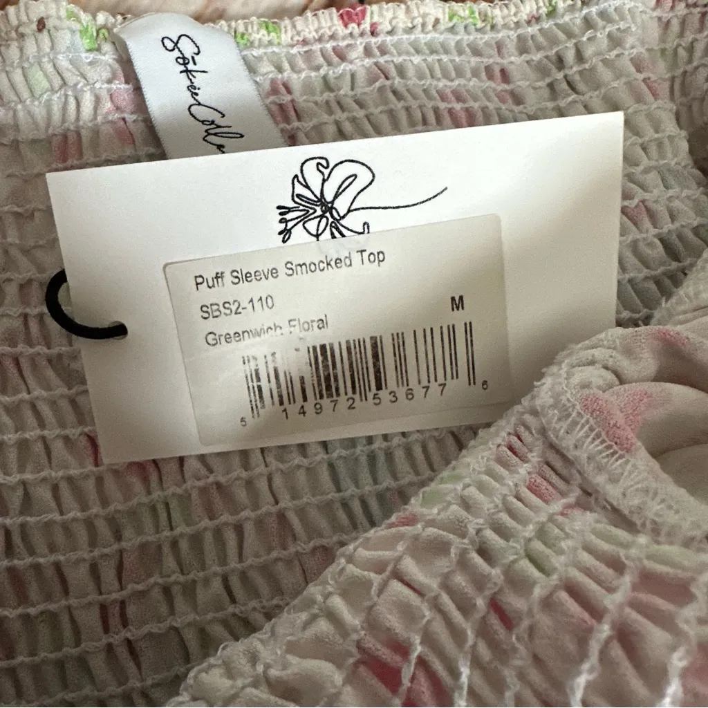 Sokie Collective White Puff Sleeve Ditsy Floral Smocked Top Size M - Image 9