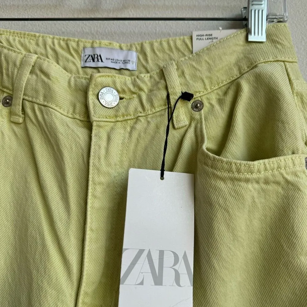 NWT Zara Wide Flare Leg Green Solid Wash Raw Hem Jeans High Rise Size 8 - Image 2