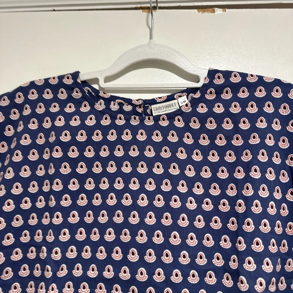 Womens S/M Cotton Boxy Lightweight blue/ red Repeat Oval Abstract Pattern Blouse Blue Size undefined - Image 9