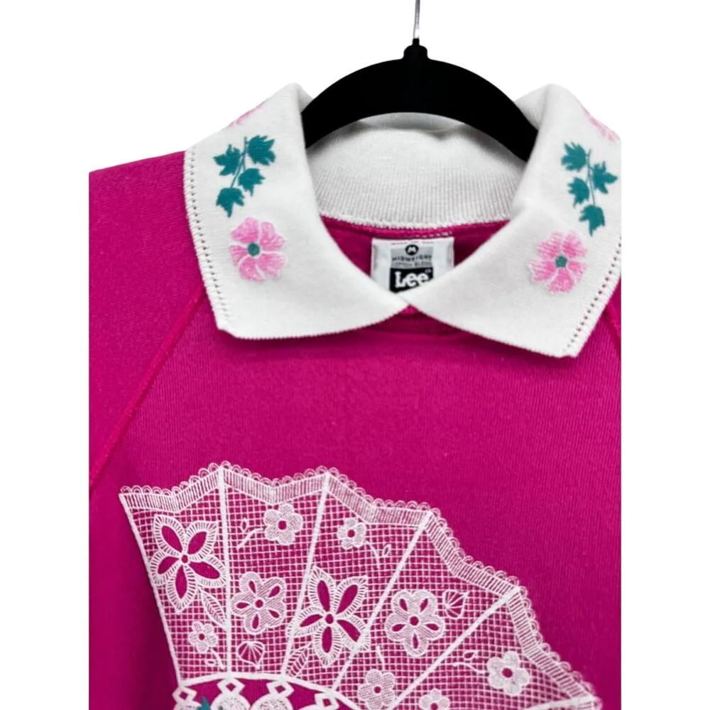 80s 90s Vintage Lee Grandmacore Cottage Core Granny Hot Pink Sweatshirt Medium - Image 4