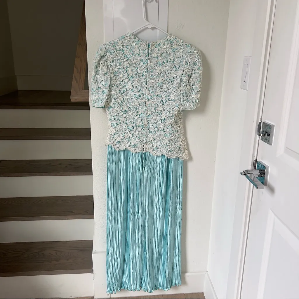 Vintage Richilene Beaded Pearls Pleated Lace Short Sleeve Dress Gown Blue White - Image 2