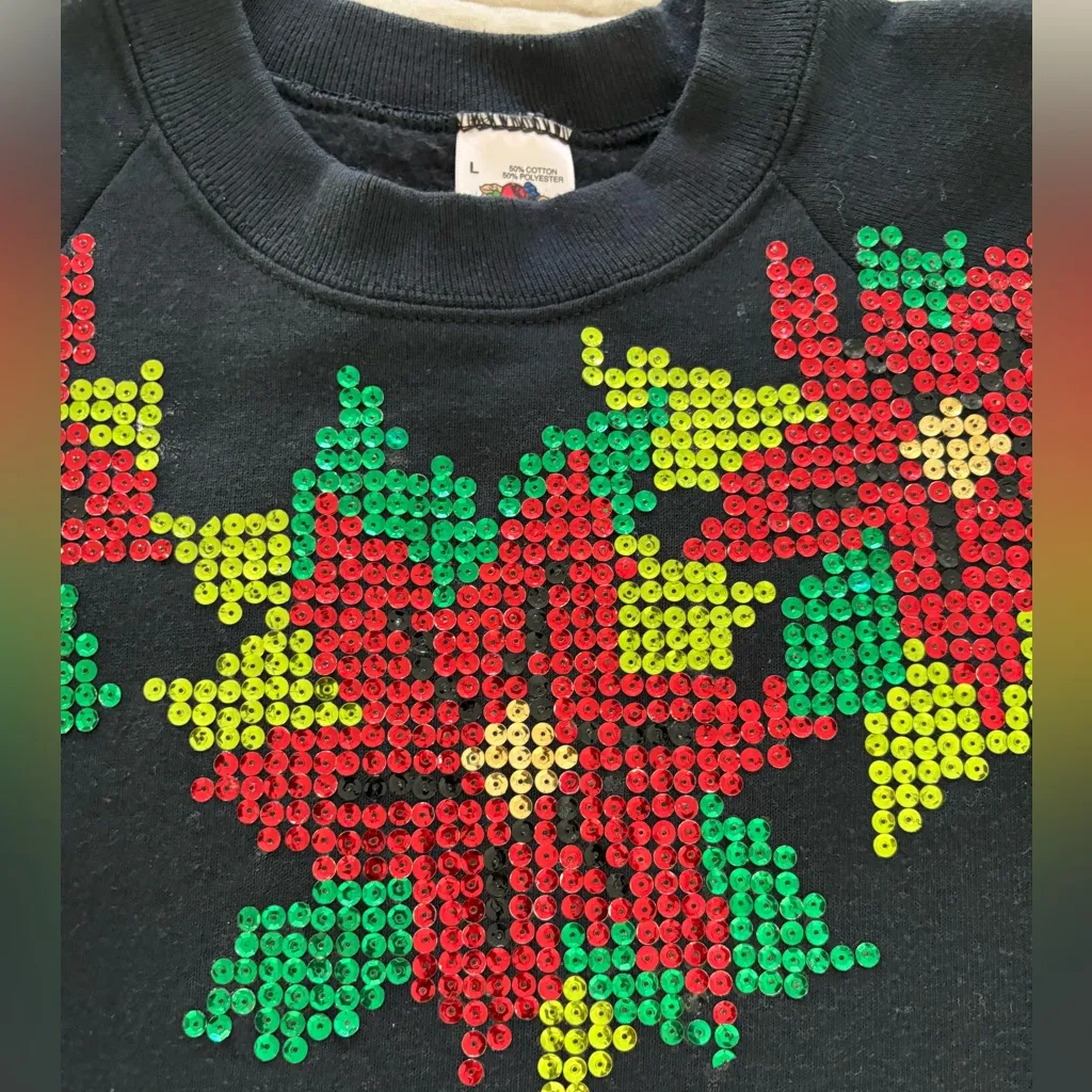 Vintage Crewneck Christmas Poinsettia Sequin Sweatshirt Black Size L‎ - Image 4