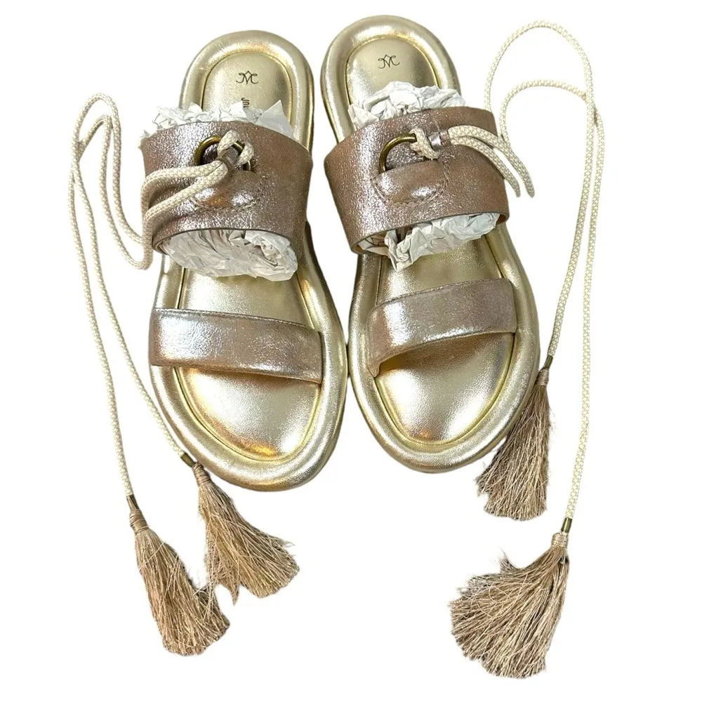 Johnston & Murphy Zoey Ankle Wrap Sandals Taupe Metallic Kid Suede Size 9 Boho - Image 2