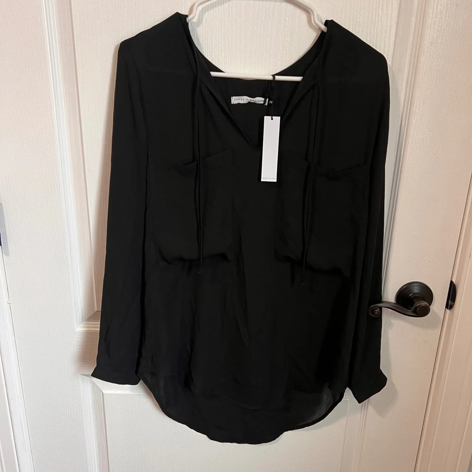 THREE EIGHTY‎ TWO Black Long Sleeve Tie Neck Pocket Blouse Top Size XS NWT - Image 2