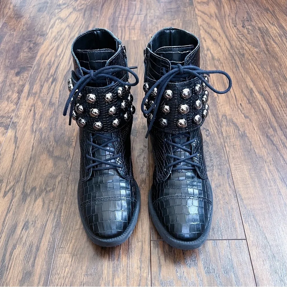 SCHUTZ • Marieta Studded Bootie ankle boot black croc embossed lace up combat - Image 4